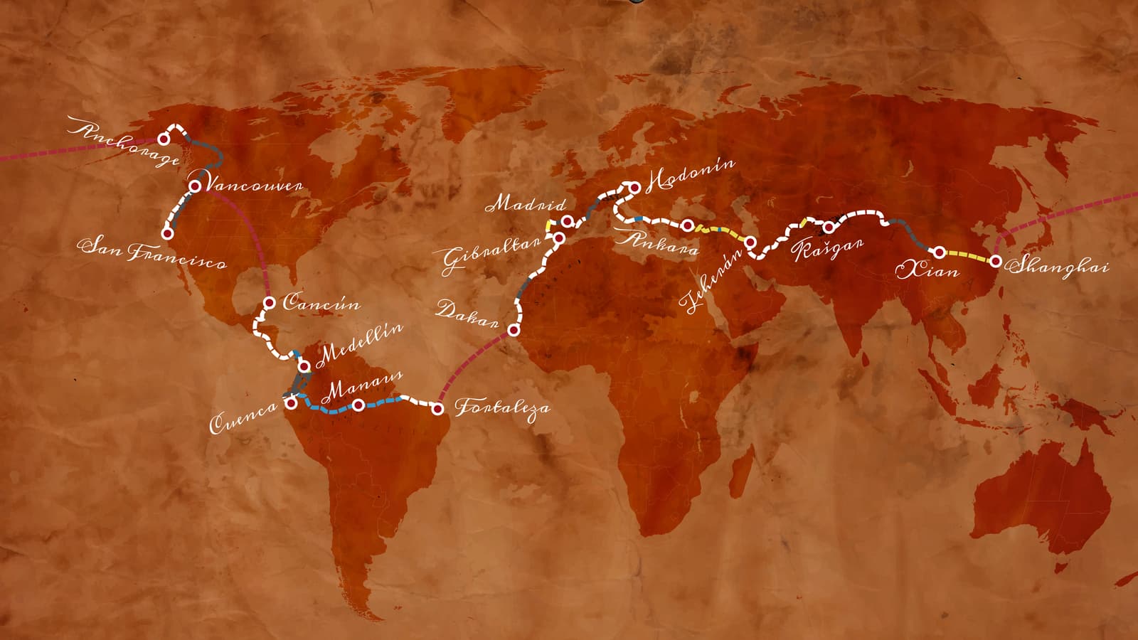 Mapa světa s vyznačenou cestou přes města Hodonín, Madrid, Dakar, Manaus, San Francisco, Šanghaj