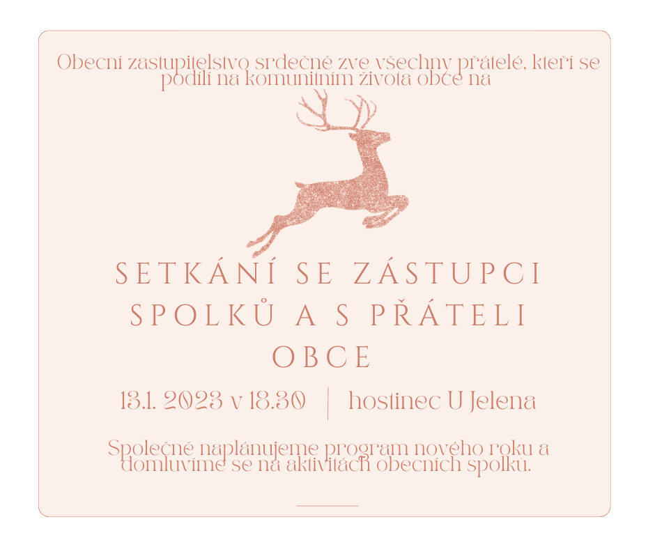 Pozvánka na setkání se zástupci spolků a přáteli obce 13. 1. 2023 v 18:30 v hostinci U Jelena