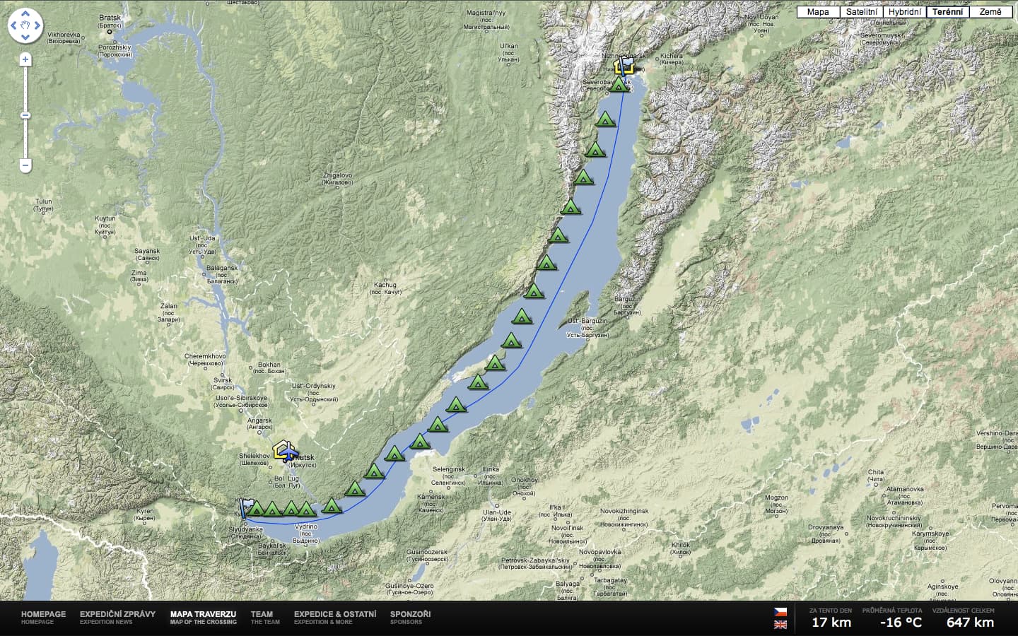 Mapa s vyznačenou trasou expedice po jezeře Bajkal