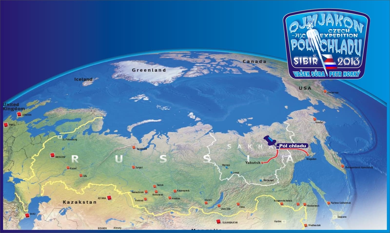 Mapa expedice Ojmjakon – Pól chladu Sibiř 2013, Vašek Sůra a Petr Horký