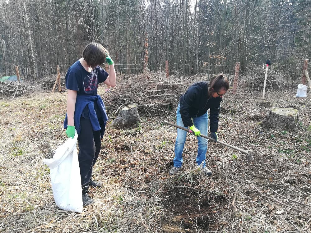Dvě ženy pracují v lese, jedna s motykou, druhá s pytlem