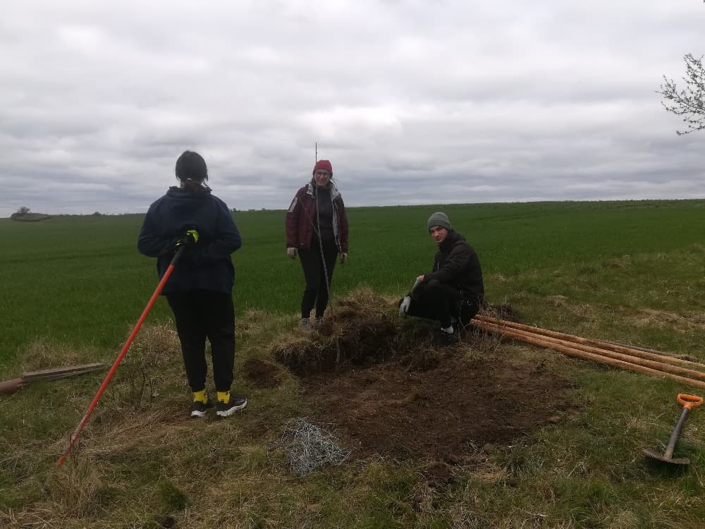 Tři lidé s nářadím sází strom na poli