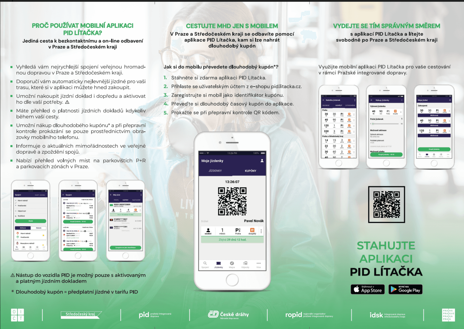 Informační plakát o mobilní aplikaci PID Lítačka s ukázkami obrazovek