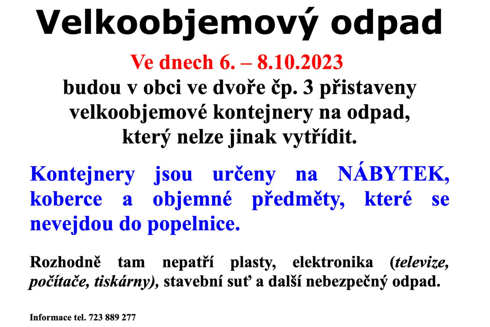 Oznámení o přistavení velkoobjemových kontejnerů na nábytek a objemné předměty ve dnech 6.–8.10.2023