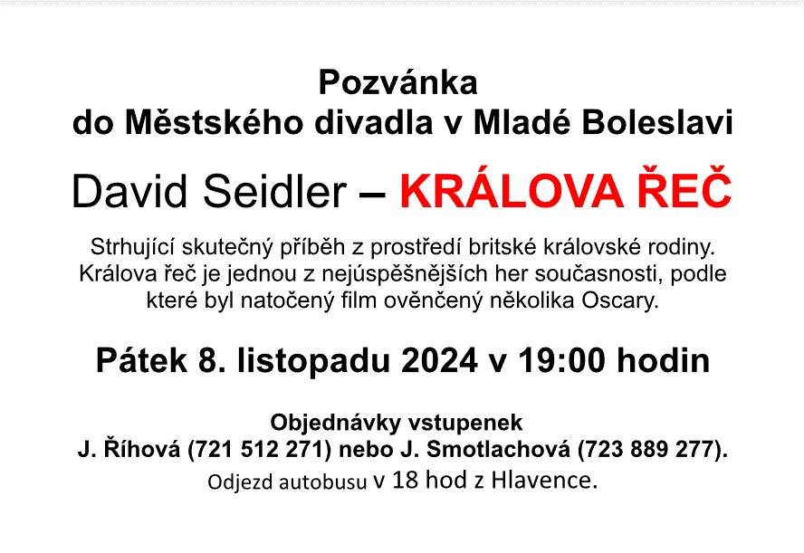 Pozvánka do Městského divadla v Mladé Boleslavi na hru Králova řeč, pátek 8. listopadu 2024 v 19:00