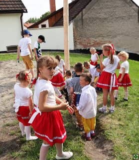 Děti v krojích staví májku