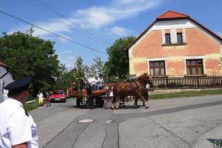 Koňský povoz s lidmi na silnici před domem
