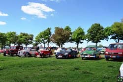 Řada historických automobilů na trávě pod stromy
