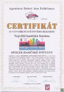 Certifikát o vytvoření světového rekordu Největší hasičská fontána
