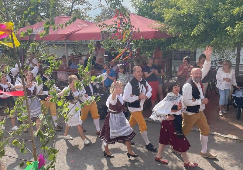 Skupina lidí v krojích tančí na ulici, v pozadí diváci